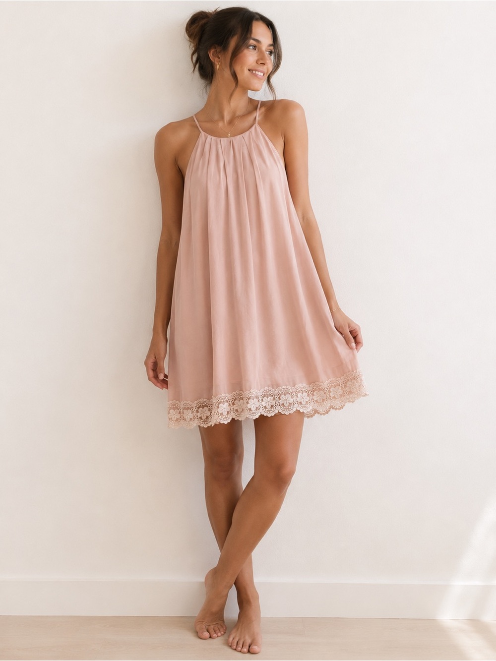 Monteau Peachy Blush Pink Swing Dress with Lace Hem / Feminine Slip Dress / Med